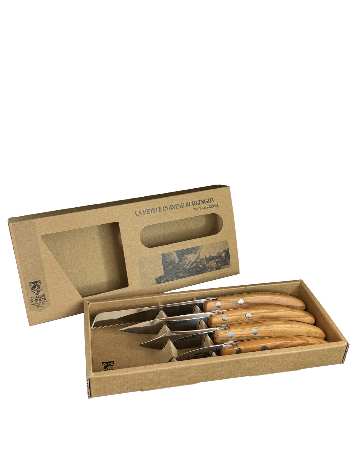 Laguiole Berlingot Le Petite Cuisine 4 Knives Set in Olive-Wood Handle | Peeling, Paring, Serrate Bread & Tomato Knives