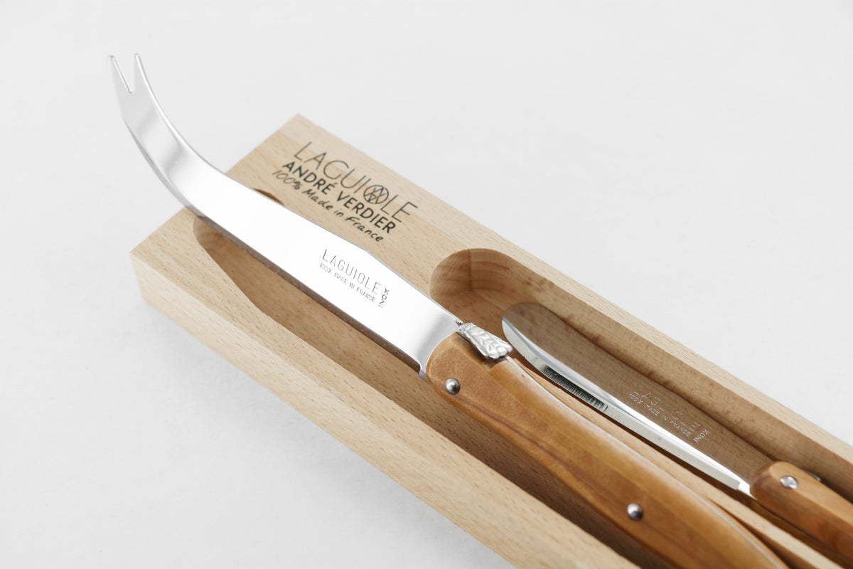 Andre Verdier Laguiole 'Debutant Country' Breakfast Knife Set | Large Cheese Knife & Butter Spreader | Olivewood Handle