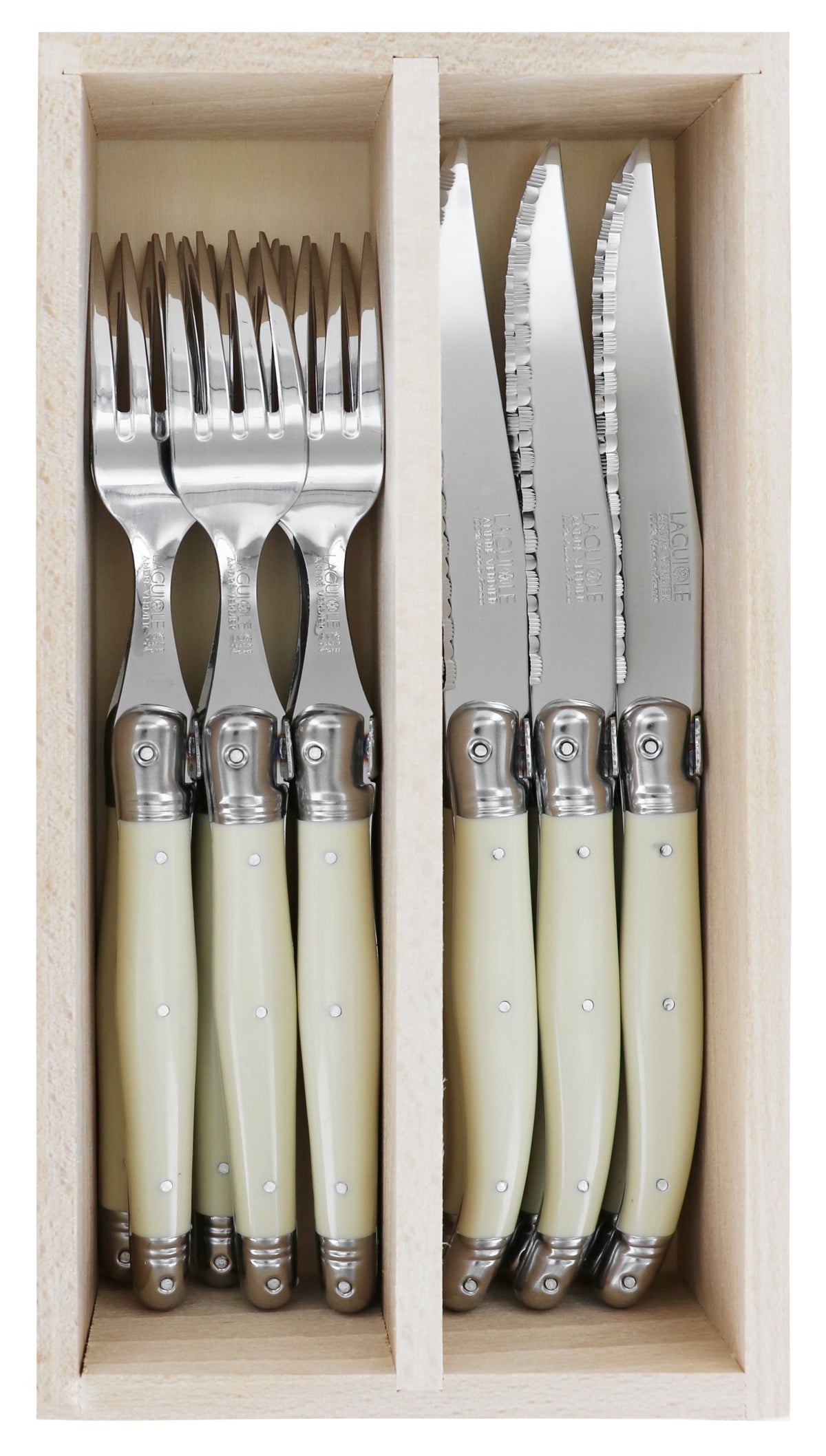 Andre Verdier Laguiole Debutant Flatware Set 2 Piece Place Setting | Service for 6 (12 Pieces) | Ivory Handle
