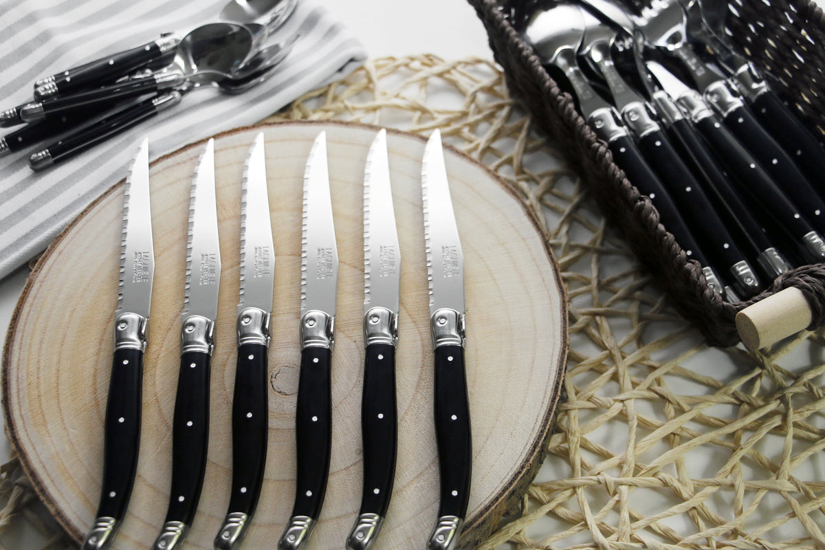Andre Verdier Laguiole Debutant Flatware Set 5 Piece Place Setting | Service for 4 (20 Pieces) | Black Handle