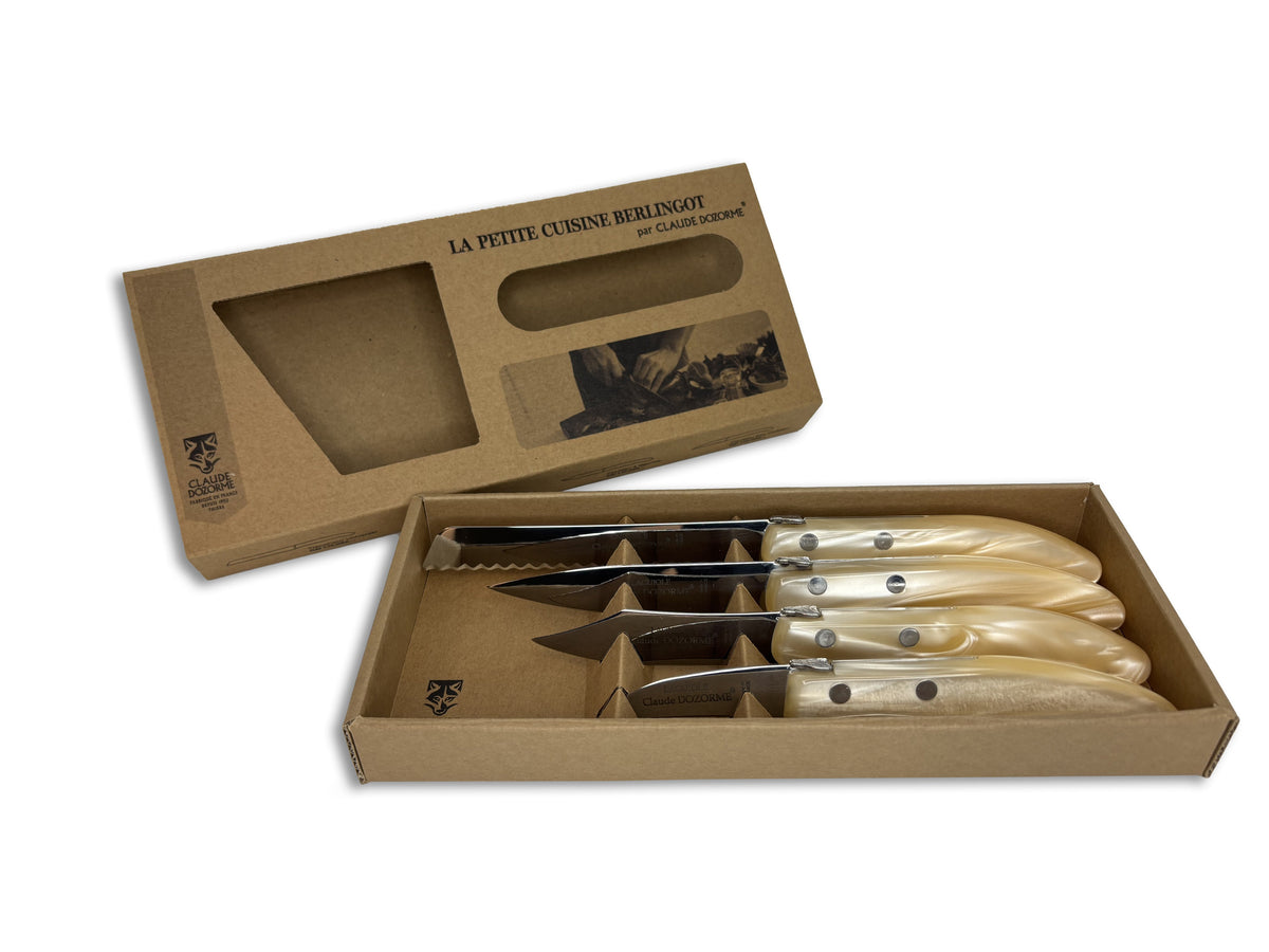 Laguiole Berlingot Le Petite Cuisine 4 Knives Set in Pearl Handle | Peeling, Paring, Serrate Bread & Tomato Knives