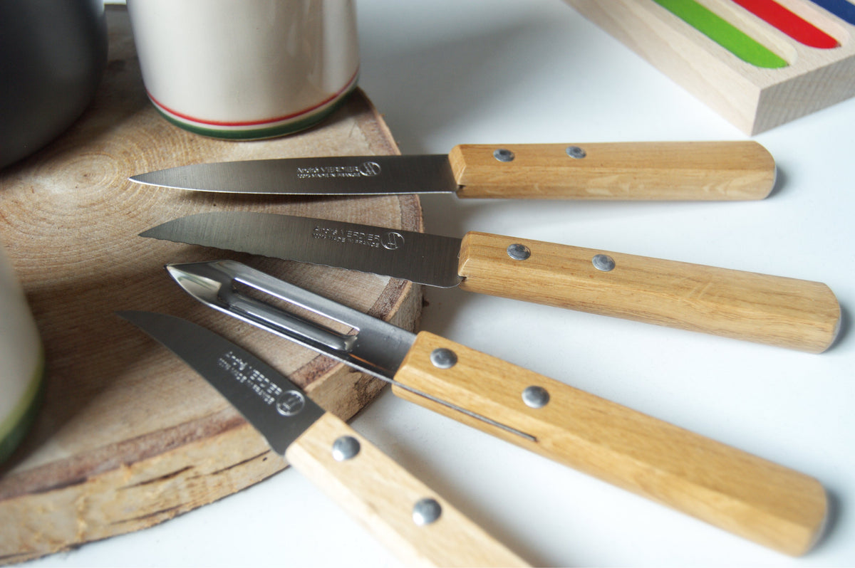 Andre Verdier Prepa Culi 4 Piece Knife Set | Peeler, Peeling Knife, Serrated Peeling Knife, Paring Knife | Varnished Oak Handle