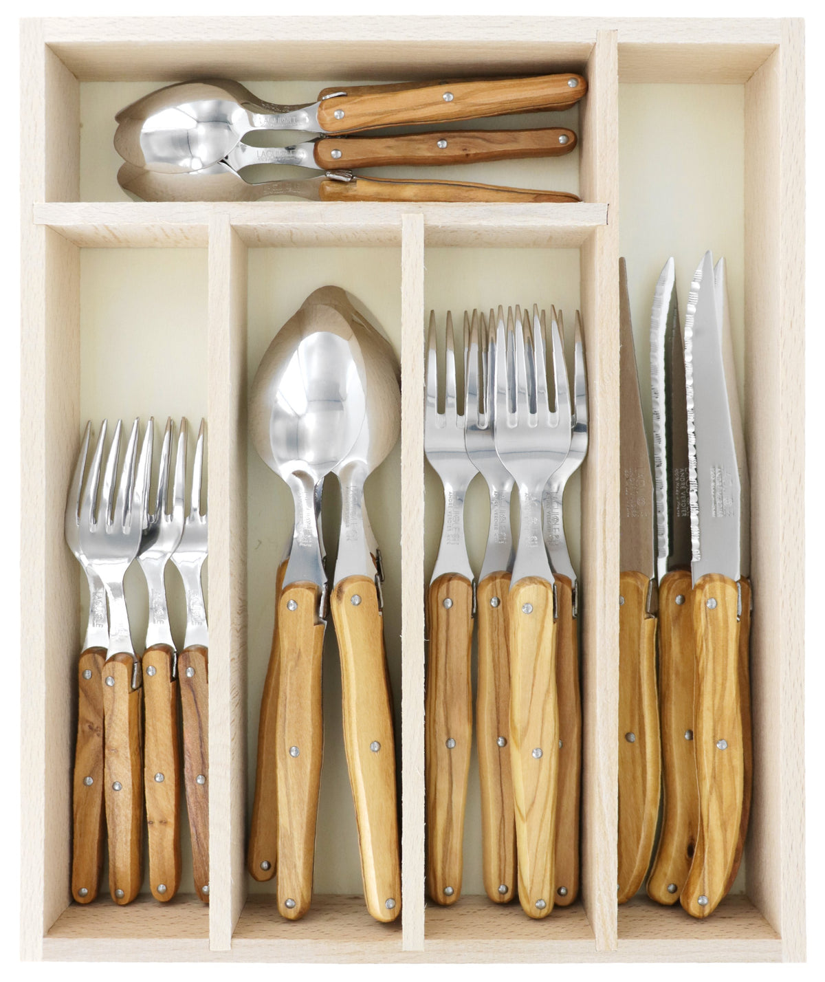 Andre Verdier Laguiole 'Debutant Country' Flatware Set 5 Piece Place Setting | Service for 4 (20 Pieces) | Olivewood Handle