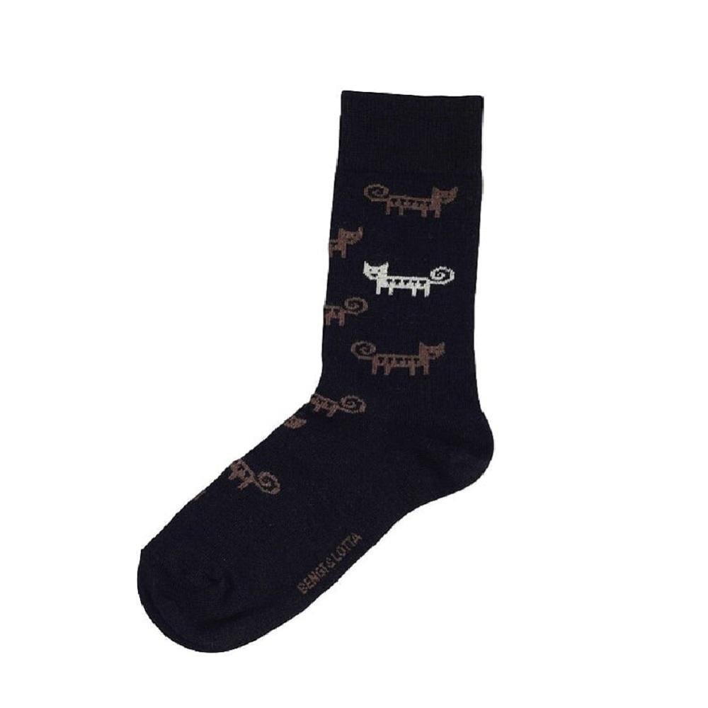 Bengt & Lotta Merino Wool Black Socks | "Twirly Tailed Cats" (Small & Large)
