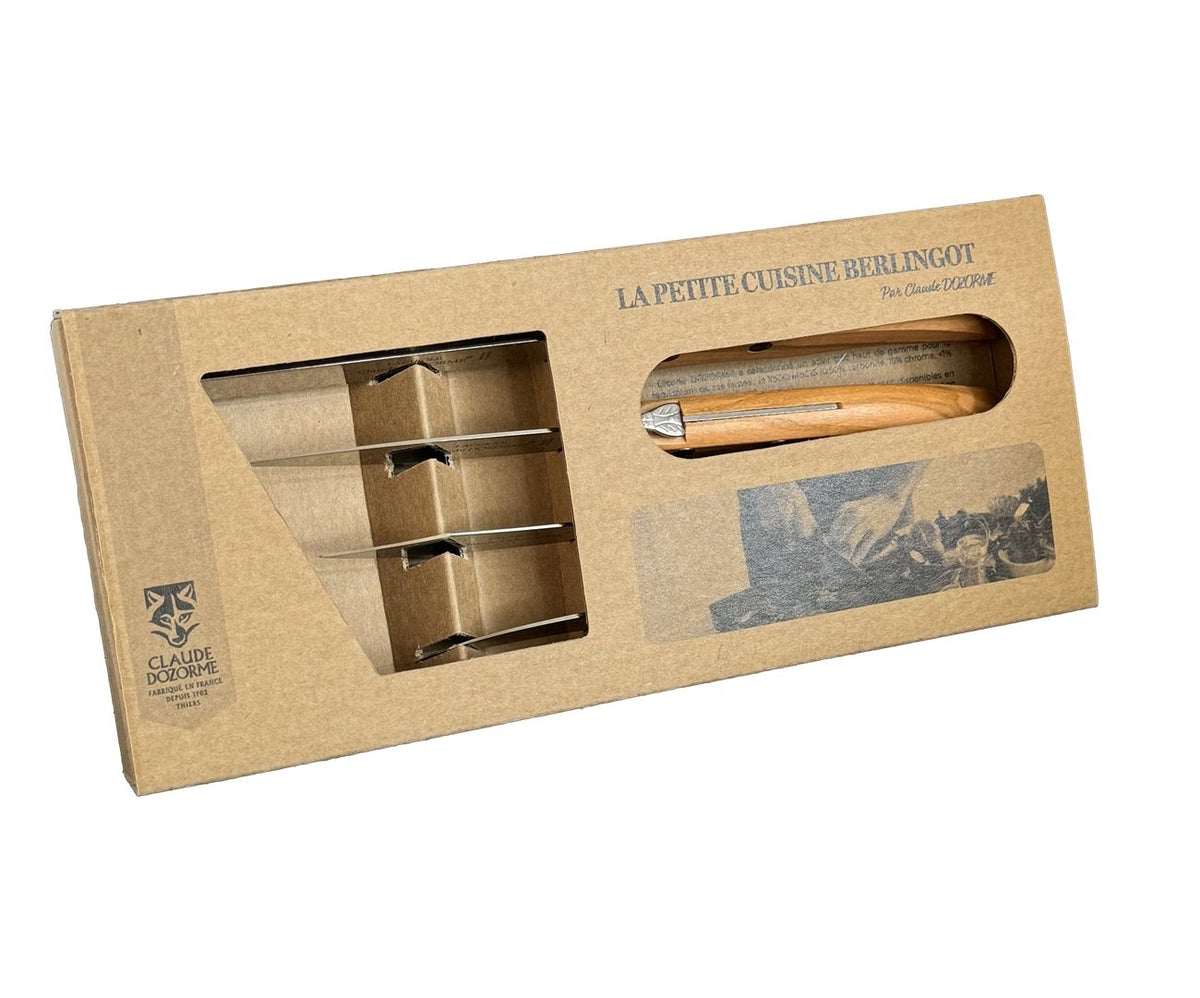 Laguiole Berlingot Le Petite Cuisine 4 Knives Set in Olive-Wood Handle | Peeling, Paring, Serrate Bread & Tomato Knives
