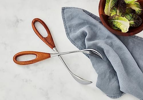 Nambe Curvo Salad Servers Scissors Tongs | Made of Stainless Steel and Acacia Wood