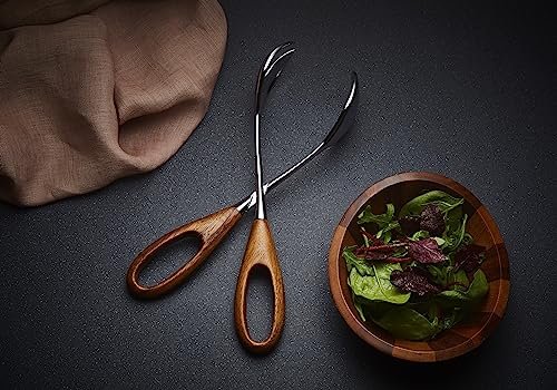 Nambe Curvo Salad Servers Scissors Tongs | Made of Stainless Steel and Acacia Wood