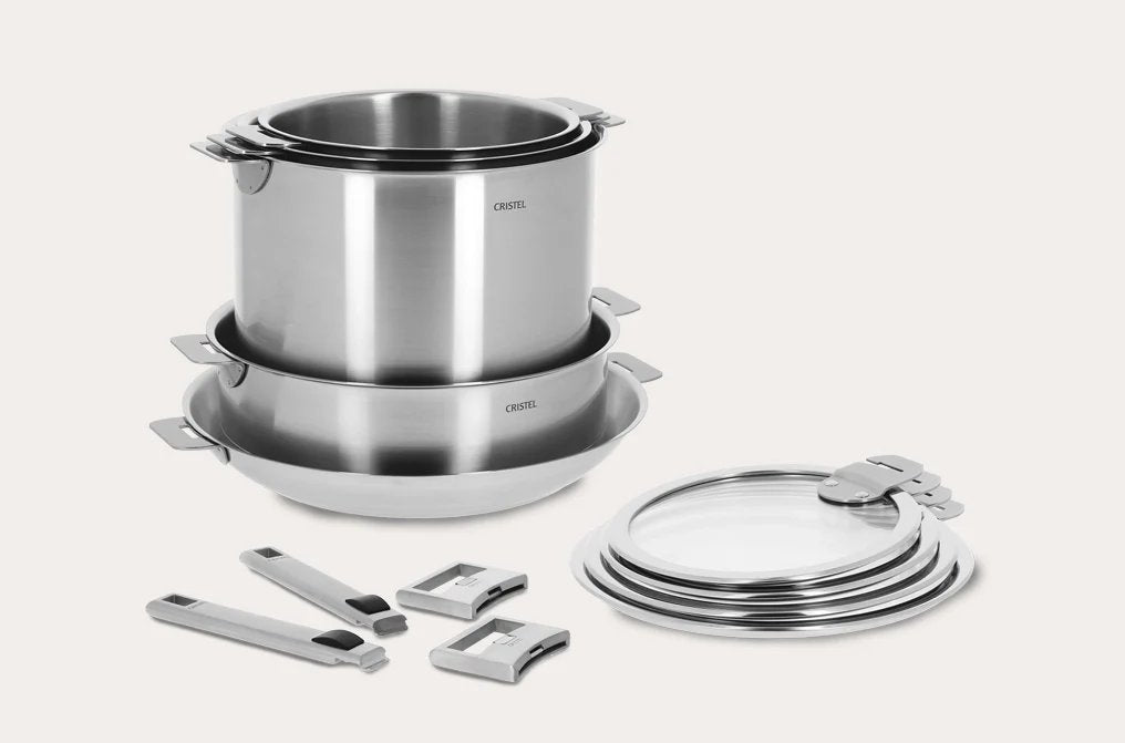 Cristel Strate Stainless Steel Cookware Set – 13 Piece | Detachable Handles