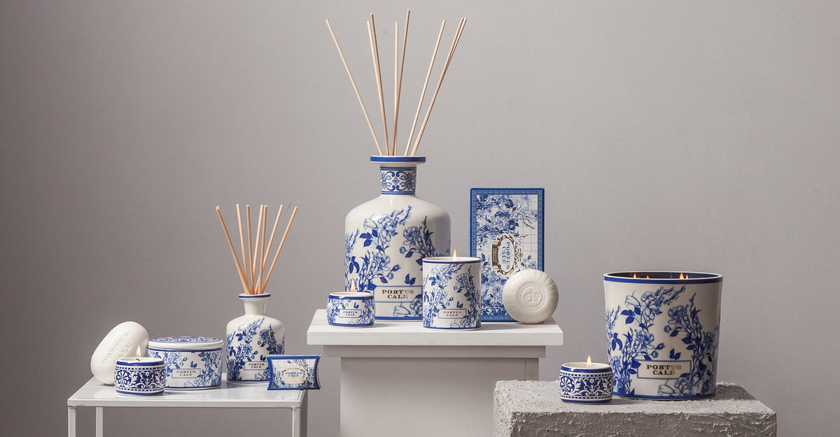 Portus Cale Gold & Blue Scented 4 Wick Candle in a Porcelain Vase | Pink Pepper & Jasmine