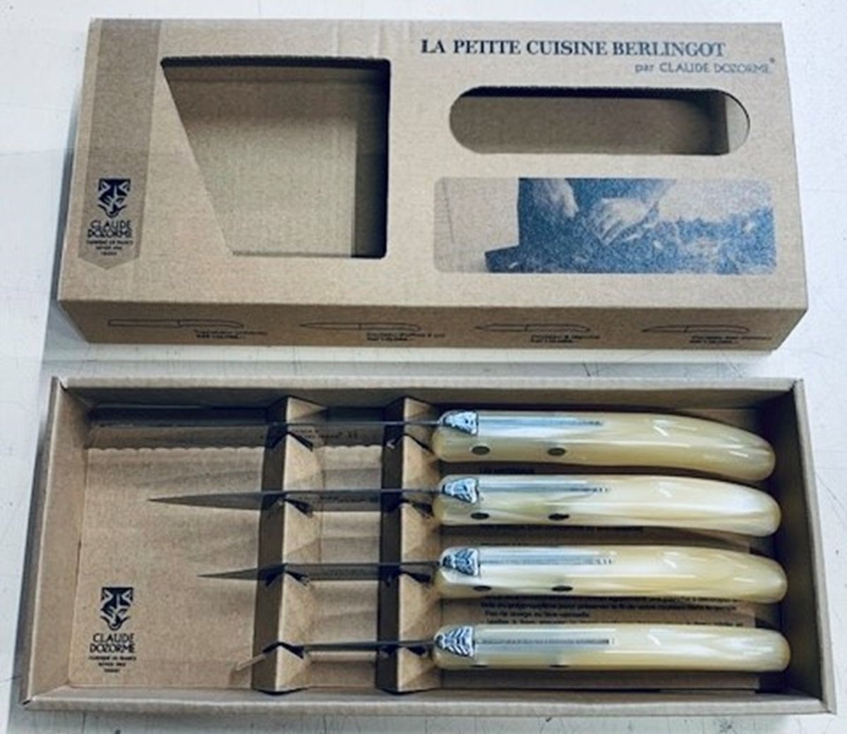 Laguiole Berlingot Le Petite Cuisine 4 Knives Set in Pearl Handle | Peeling, Paring, Serrate Bread & Tomato Knives