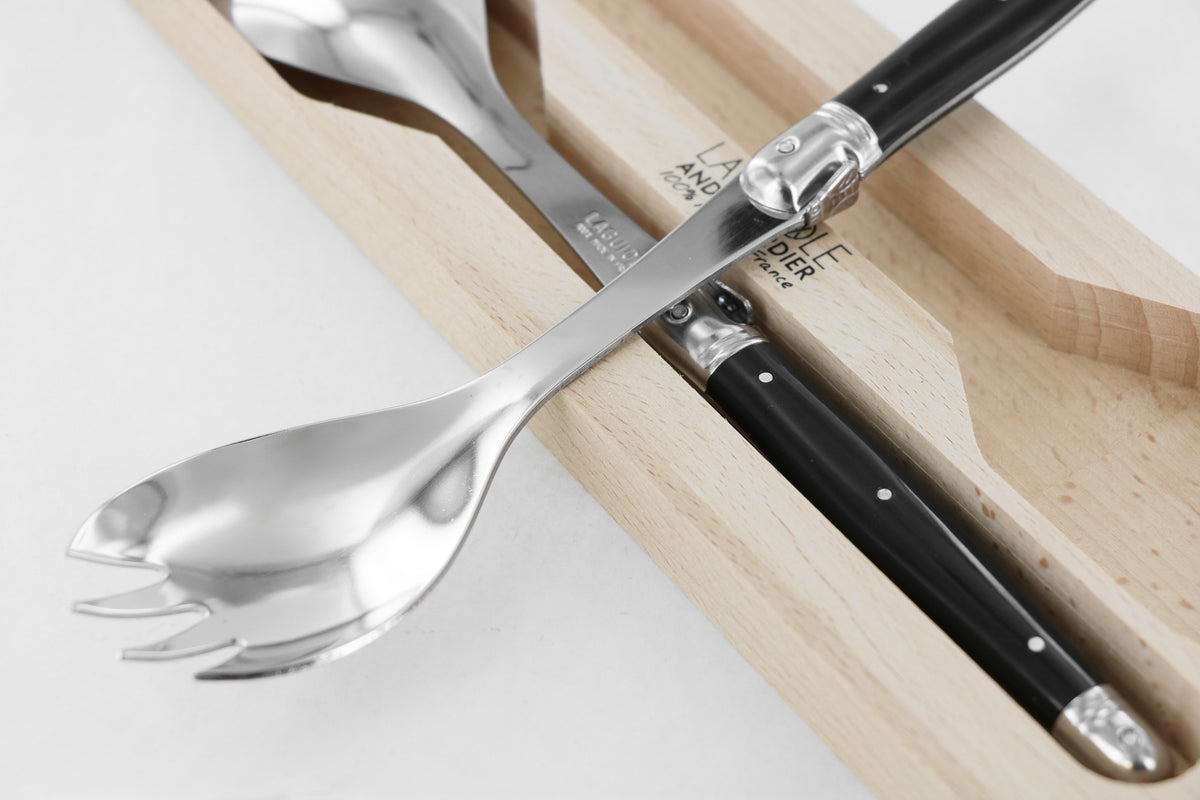 Laguiole Andre Verdier 2-Piece Salad Servers Debutant Stainless Steel Blade and Black Handle