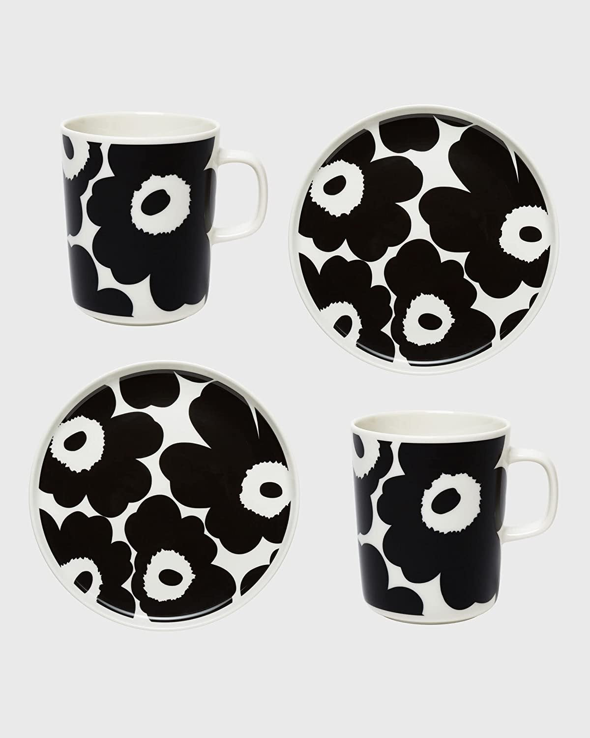 Oiva Unikko Breakfast Set Black & White | 2 Mugs & 2 Plates