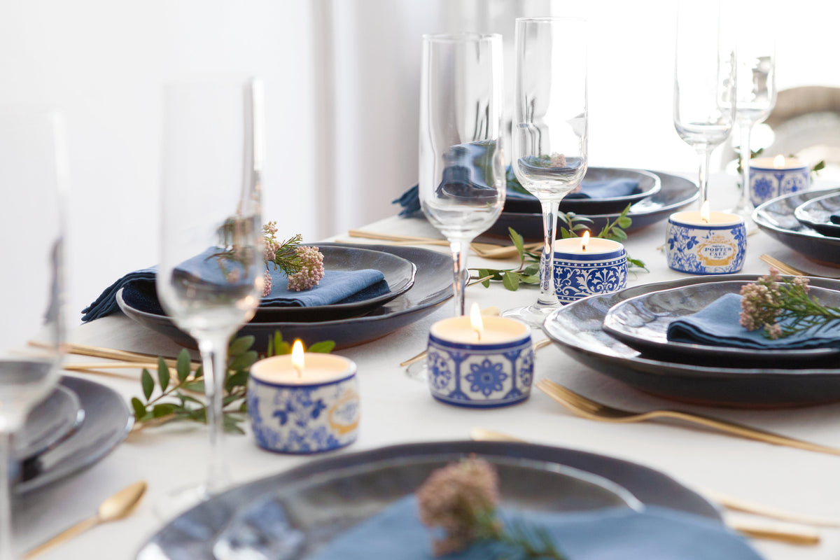 Portus Cale Gold & Blue Scented 4 Wick Candle in a Porcelain Vase | Pink Pepper & Jasmine