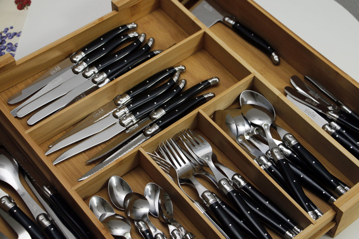 Andre Verdier Laguiole Debutant Flatware Set 5 Piece Place Setting | Service for 4 (20 Pieces) | Black Handle
