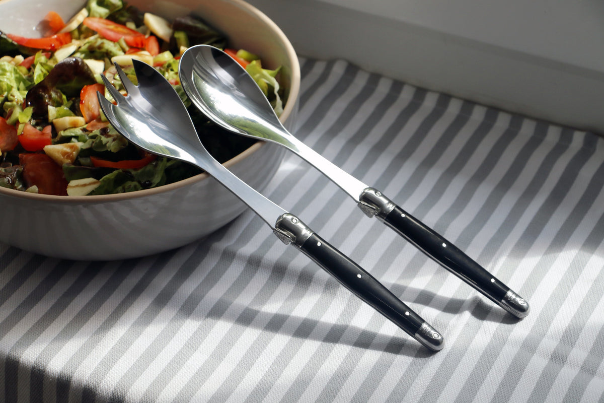 Laguiole Andre Verdier 2-Piece Salad Servers Debutant Stainless Steel Blade and Black Handle