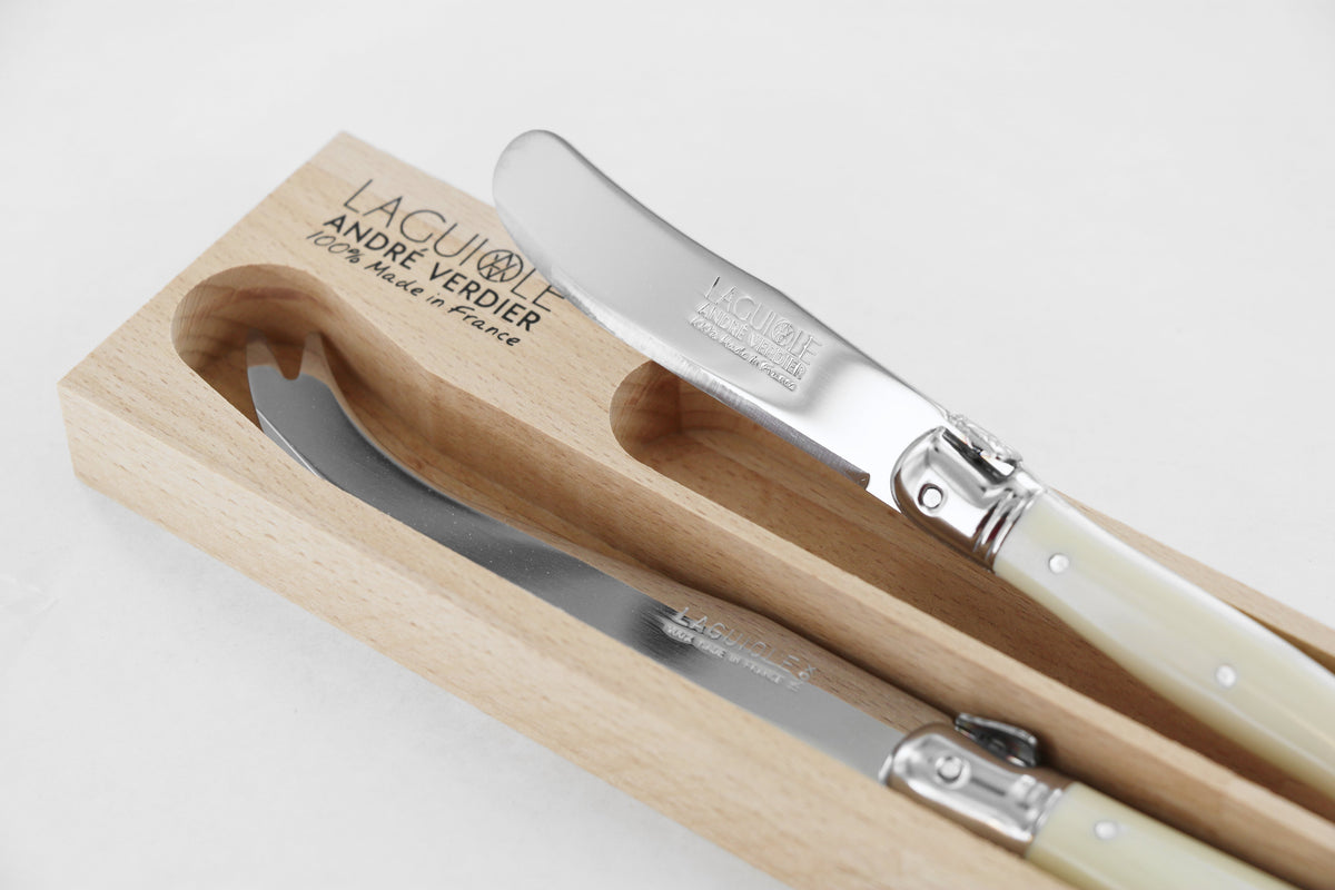 Andre Verdier Laguiole Debutant Breakfast Knife Set | Large Cheese Knife & Butter Spreader | Ivory Handle
