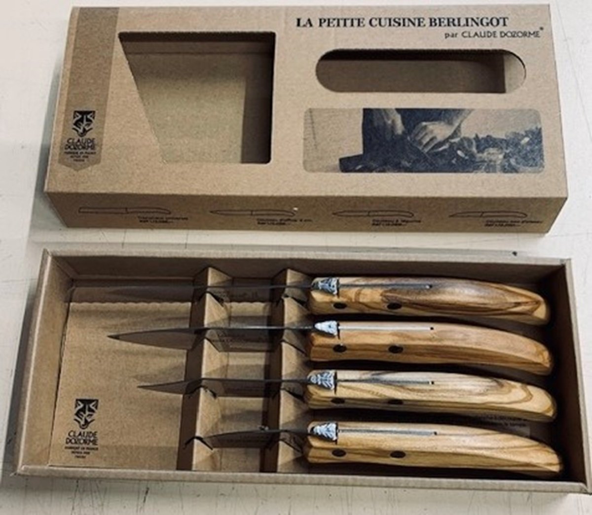 Laguiole Berlingot Le Petite Cuisine 4 Knives Set in Olive-Wood Handle | Peeling, Paring, Serrate Bread & Tomato Knives