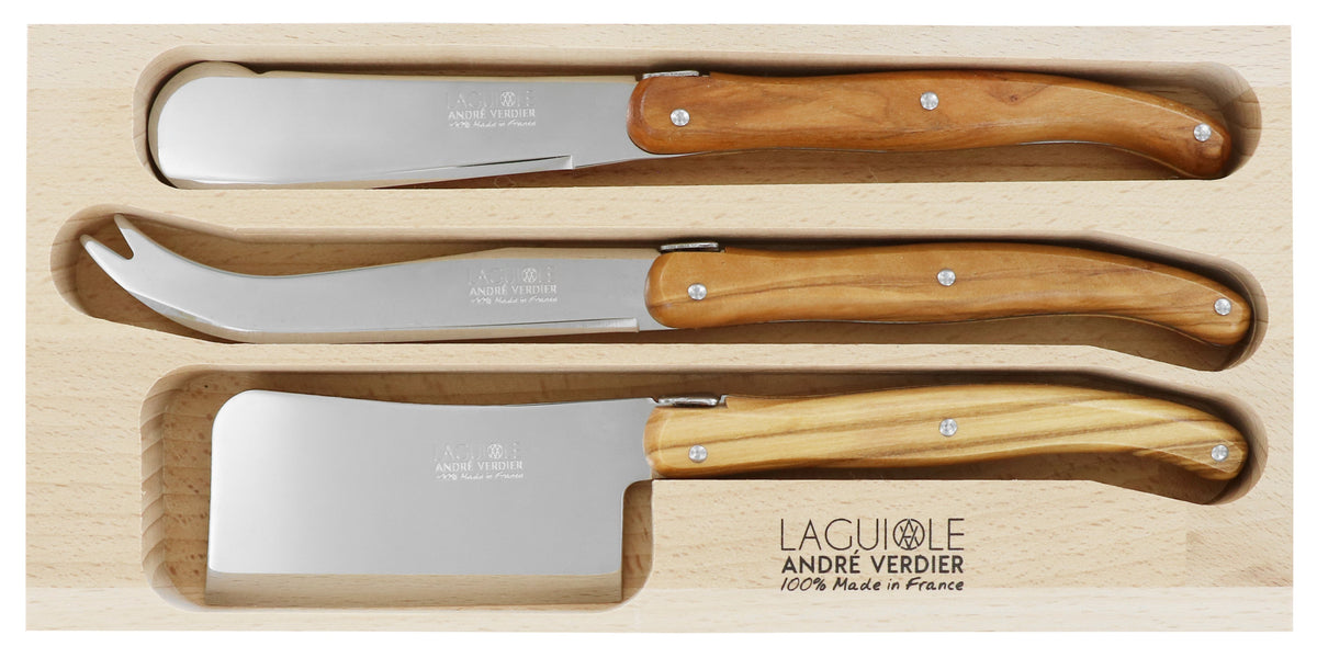 Andre Verdier Laguiole 'Debutant Country' Cheese Knives Set | Sandwich Knife, Cleaver, Large Cheese Knife | Olivewood Handle