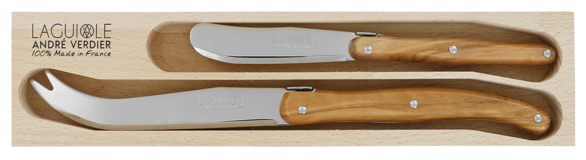 Andre Verdier Laguiole 'Debutant Country' Breakfast Knife Set | Large Cheese Knife & Butter Spreader | Olivewood Handle