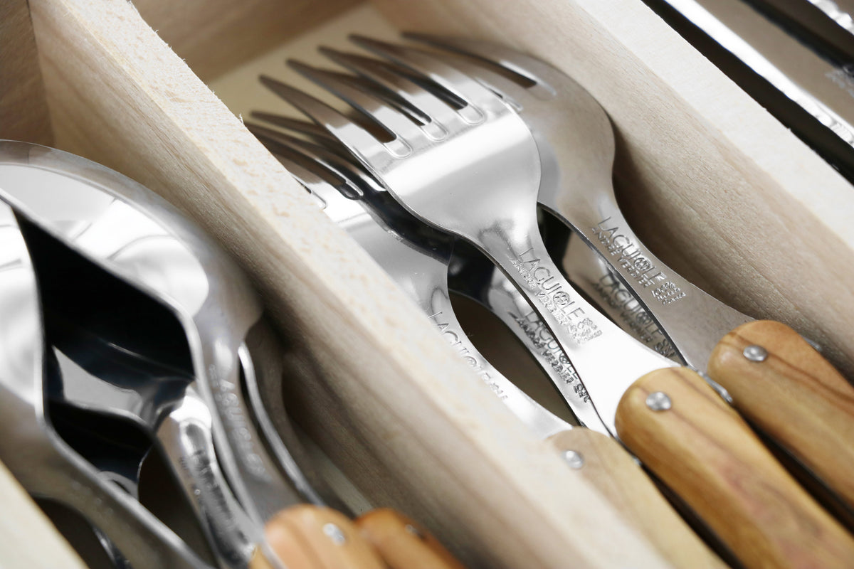 Andre Verdier Laguiole 'Debutant Country' Flatware Set 5 Piece Place Setting | Service for 4 (20 Pieces) | Olivewood Handle
