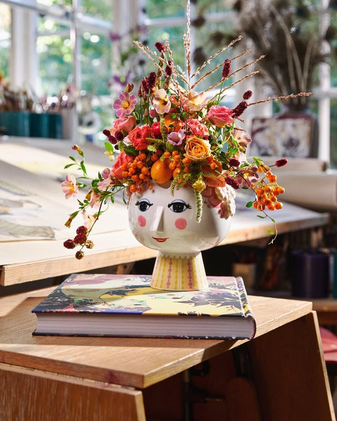 Bjørn Wiinblad Eva Flowerpot Porcelain Vase in Pink & Yellow