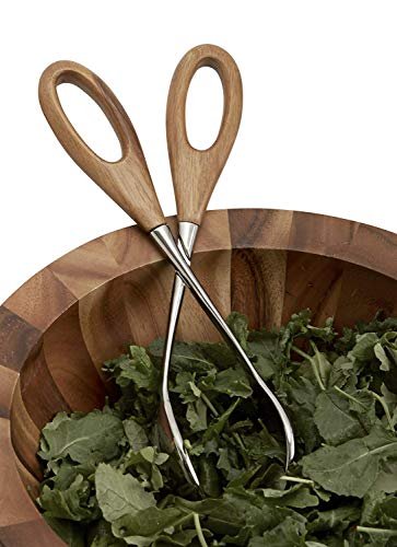 Nambe Curvo Salad Servers Scissors Tongs | Made of Stainless Steel and Acacia Wood