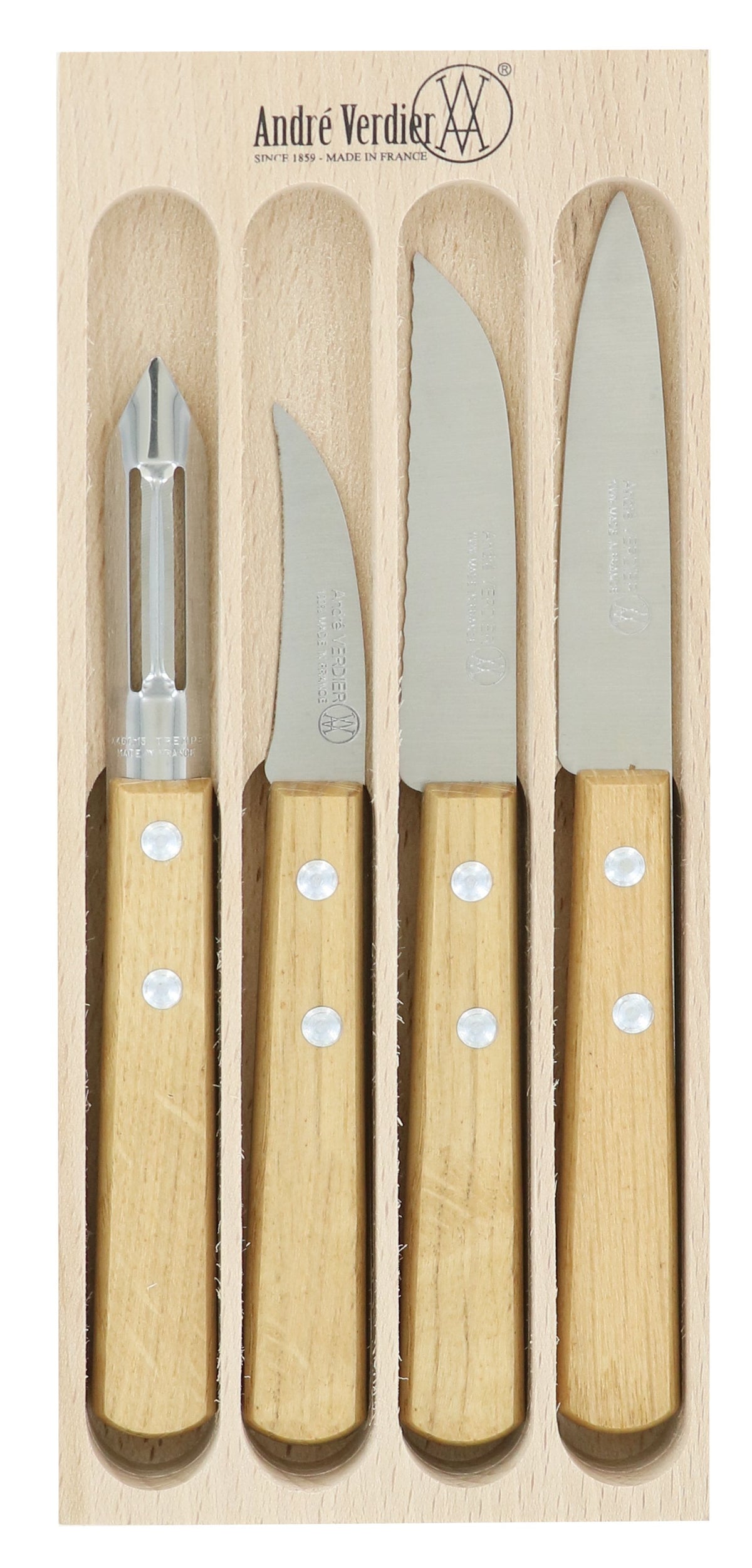 Andre Verdier Prepa Culi 4 Piece Knife Set | Peeler, Peeling Knife, Serrated Peeling Knife, Paring Knife | Varnished Oak Handle