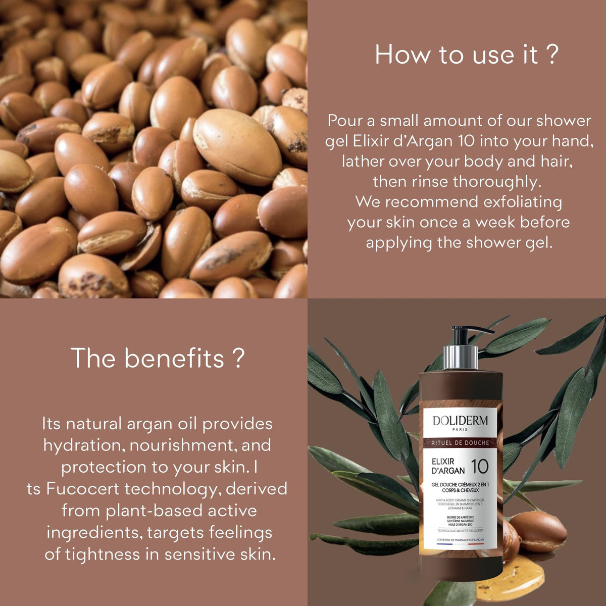 Doliderm Elixir D'Argan 10 | Hair & Body Creamy Shower Gel with Organic Shea Butter & Argan Oil