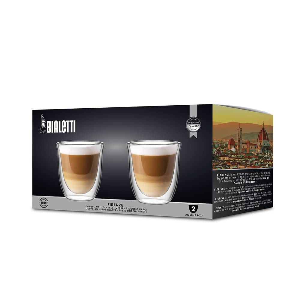 Bialetti Firenze Double Wall Flat Capuccino Glasses (Thermal Insulation Borosilicate Glass) | Set of 2