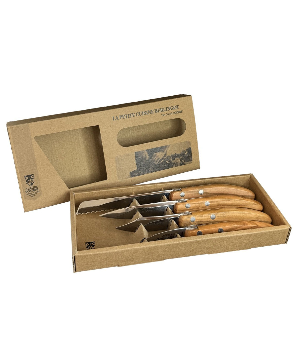 Laguiole Berlingot Le Petite Cuisine 4 Knives Set in Olive-Wood Handle | Peeling, Paring, Serrate Bread & Tomato Knives