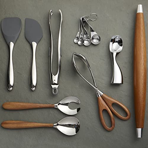 Nambe Curvo Salad Servers Scissors Tongs | Made of Stainless Steel and Acacia Wood
