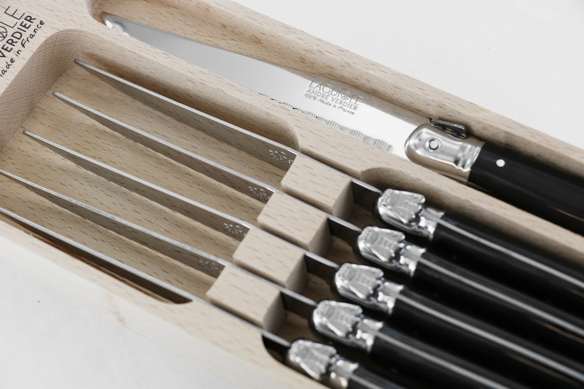 Andre Verdier Laguiole Debutant 6 Piece Steak Knives | Black Handle