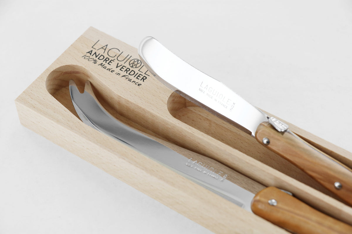 Andre Verdier Laguiole 'Debutant Country' Breakfast Knife Set | Large Cheese Knife & Butter Spreader | Olivewood Handle