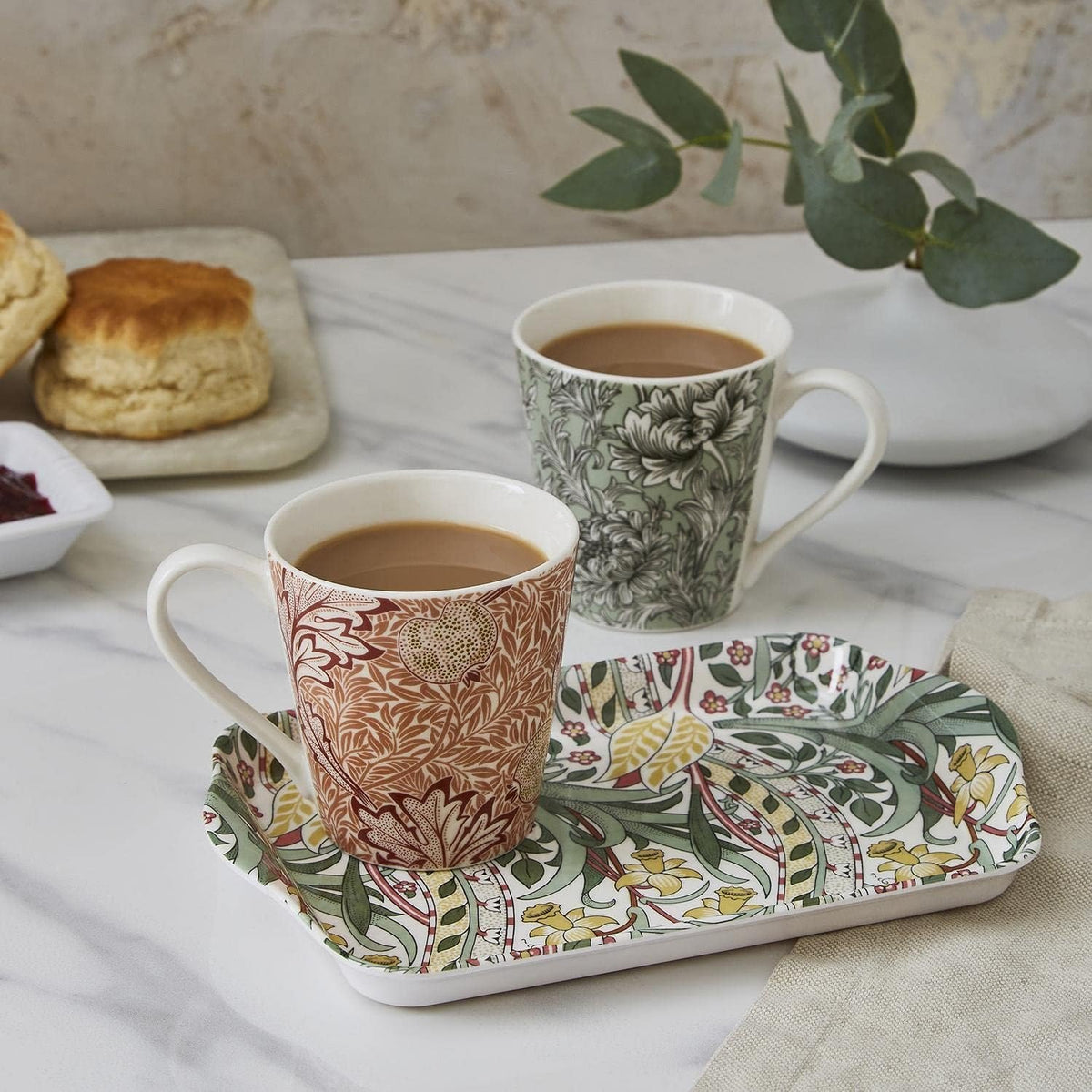 Morris & Co. Mug & Tray Set | 2 Mugs & Melamine Tray