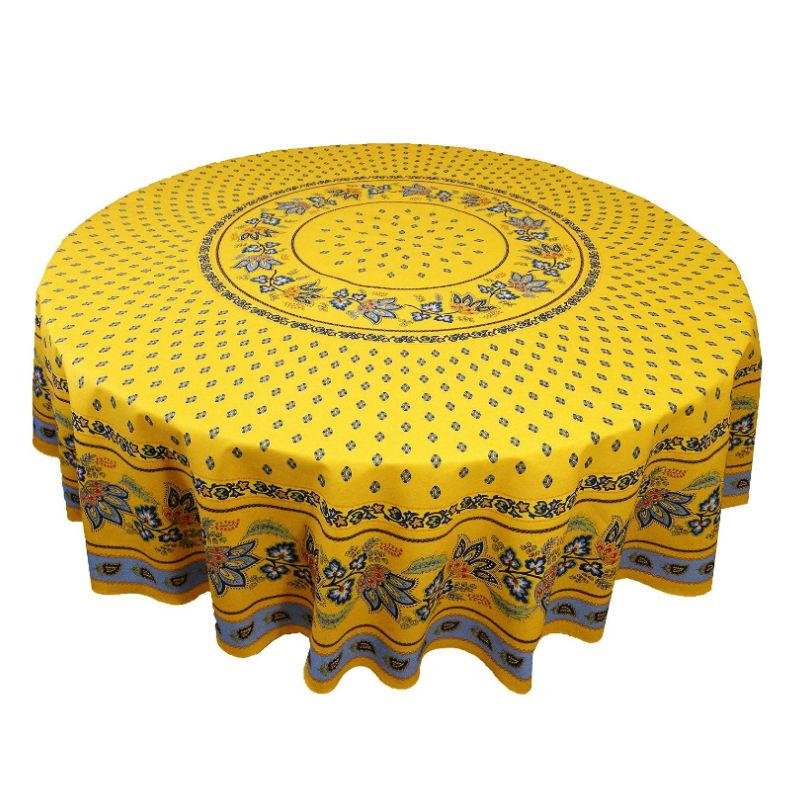 Le Cluny French Provence Tablecloth, 70" Round, Coated Cotton Easy Care, Lisa Yellow