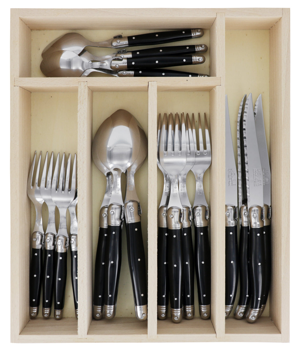 Andre Verdier Laguiole Debutant Flatware Set 5 Piece Place Setting | Service for 4 (20 Pieces) | Black Handle