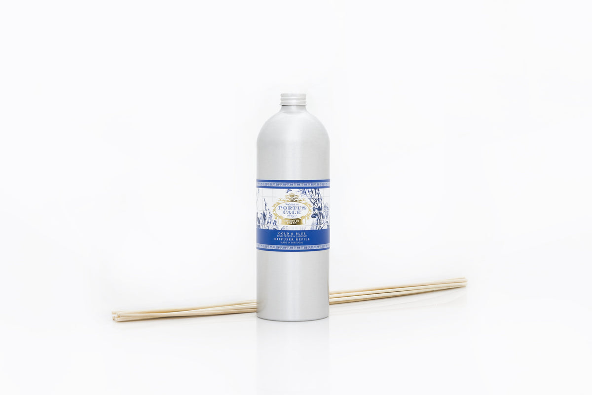 Portus Cale Luxury Gold & Blue Ceramic Diffuser Set | Vase & Refill Oil | Pink Pepper & Jasmine