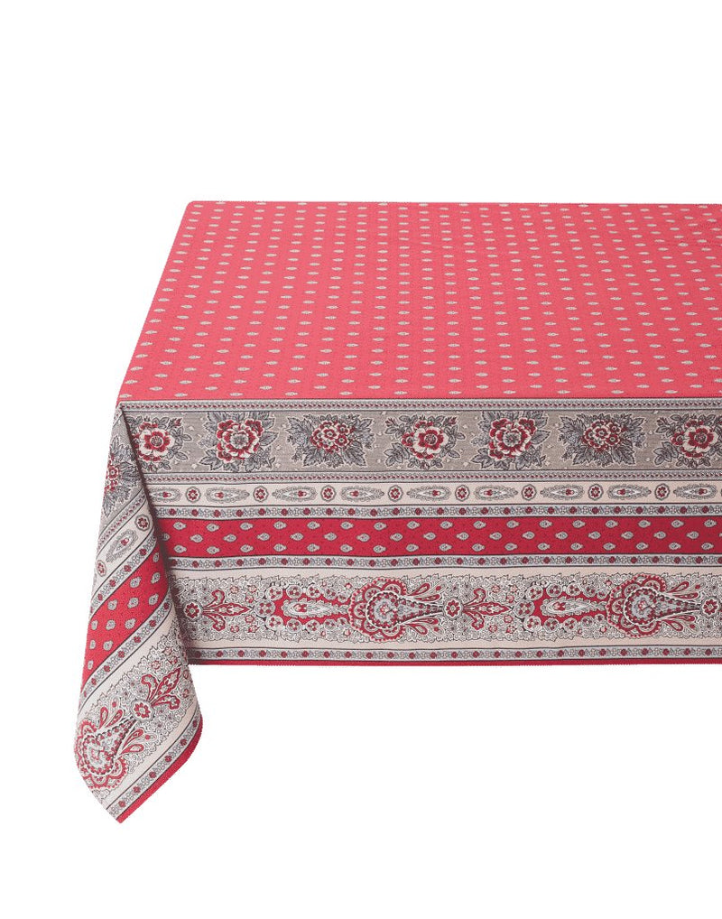 Rectangular Bastide Red 59" x 78" Easy-Care Cotton Coated French Tablecloth, Spill Resistant Wipeable, Bastide Rouge by Tissus Toselli, Acrylic Coated 100% Cotton, Provencal French Luxury Linen