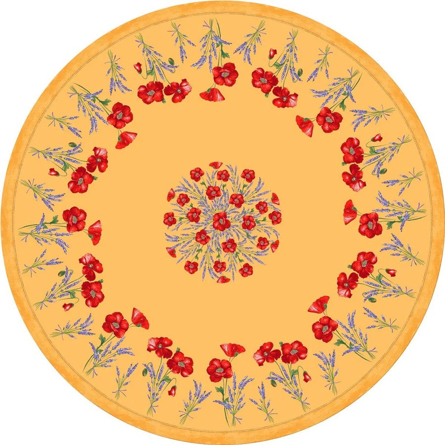 Coquelicot Lavander Yellow Round Provencal Tablecloth | 70" Round | Easy Care Coated Cotton