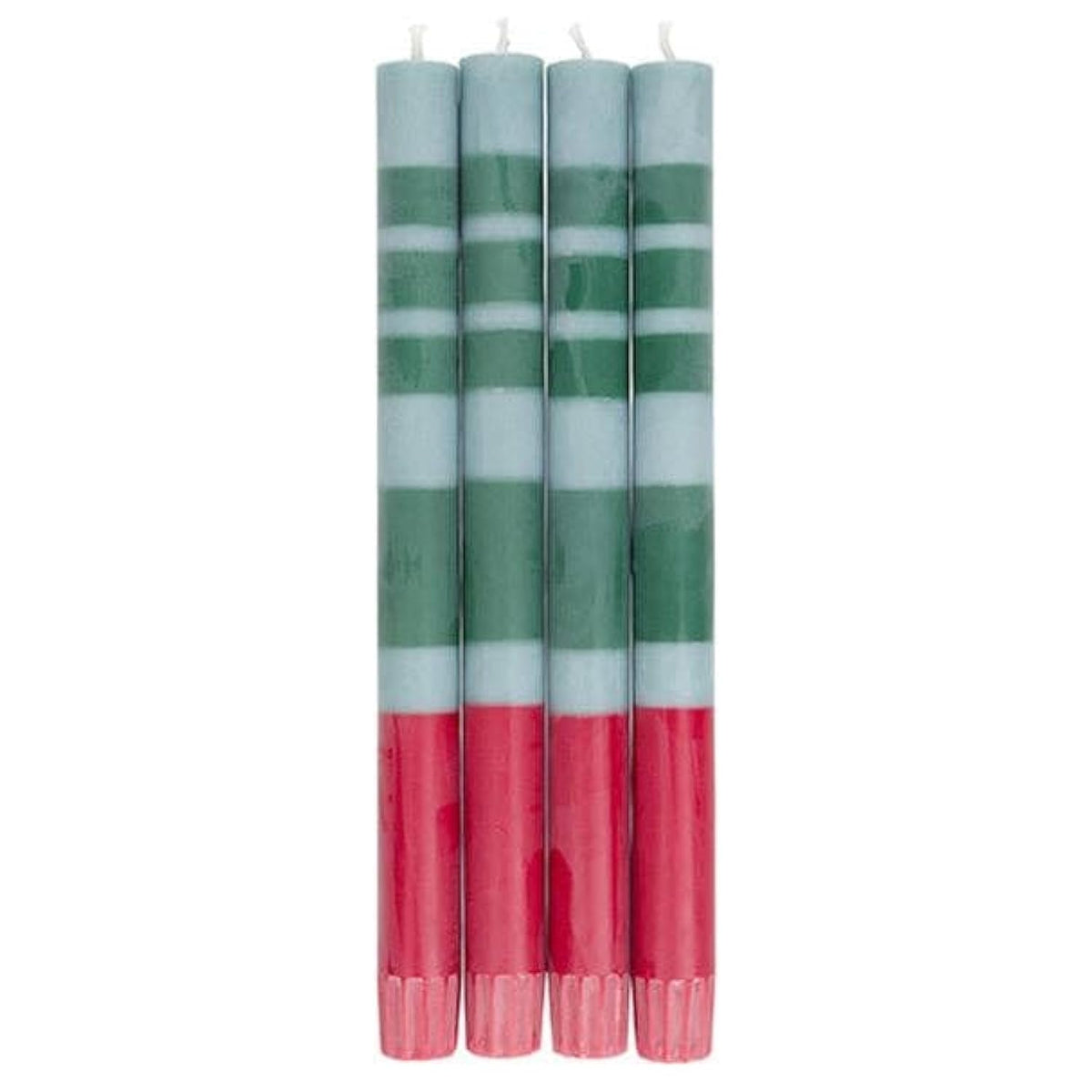 British Colour Standard striped dinner candles mixed pack of 4 in blue green and red – 10 inch hand-poured stearin wax