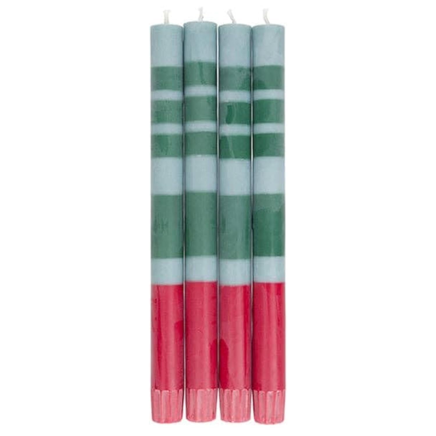 British Colour Standard striped dinner candles mixed pack of 4 in blue green and red – 10 inch hand-poured stearin wax