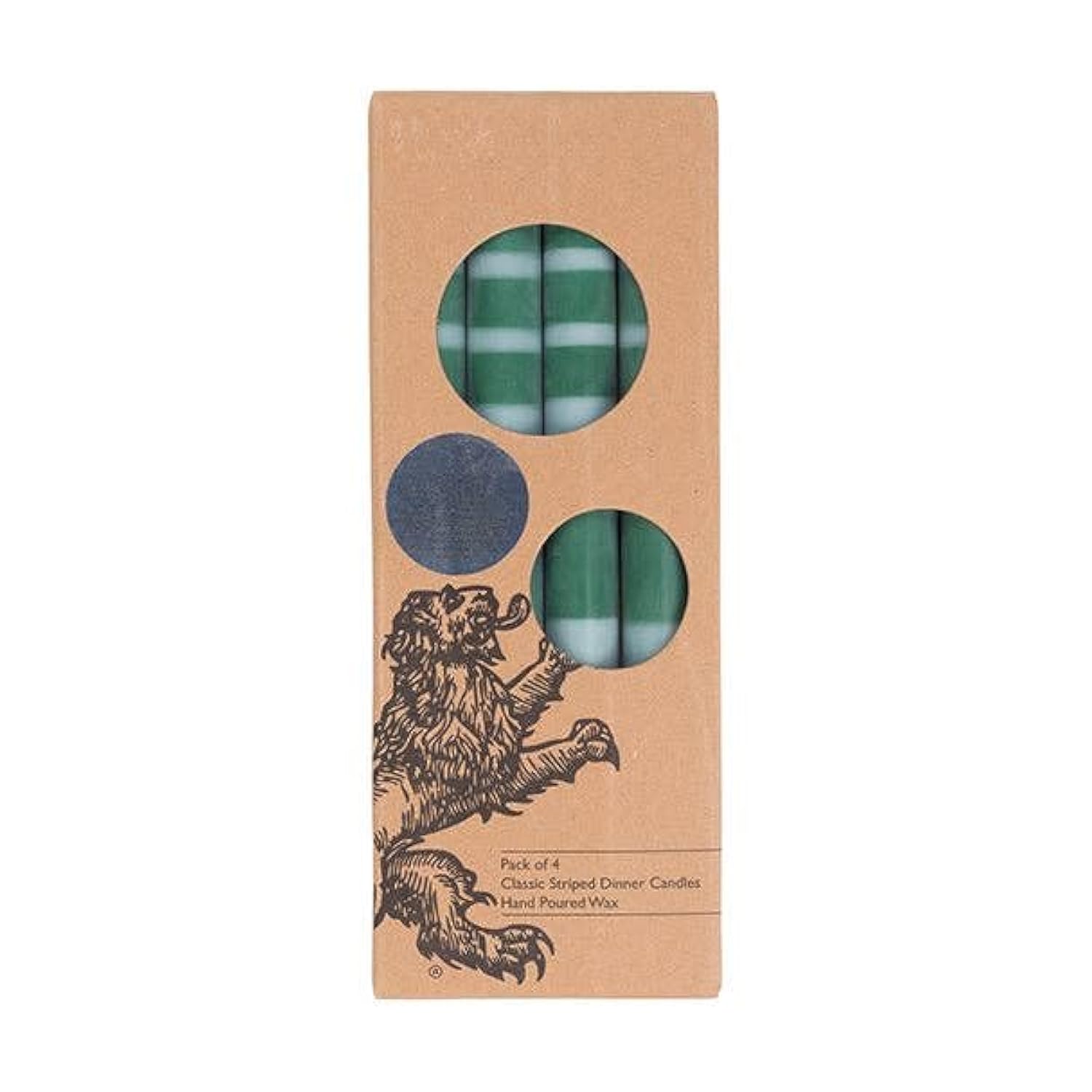 Close-up of British Colour Standard archival stripe dinner candles showing layered blue green and red wax