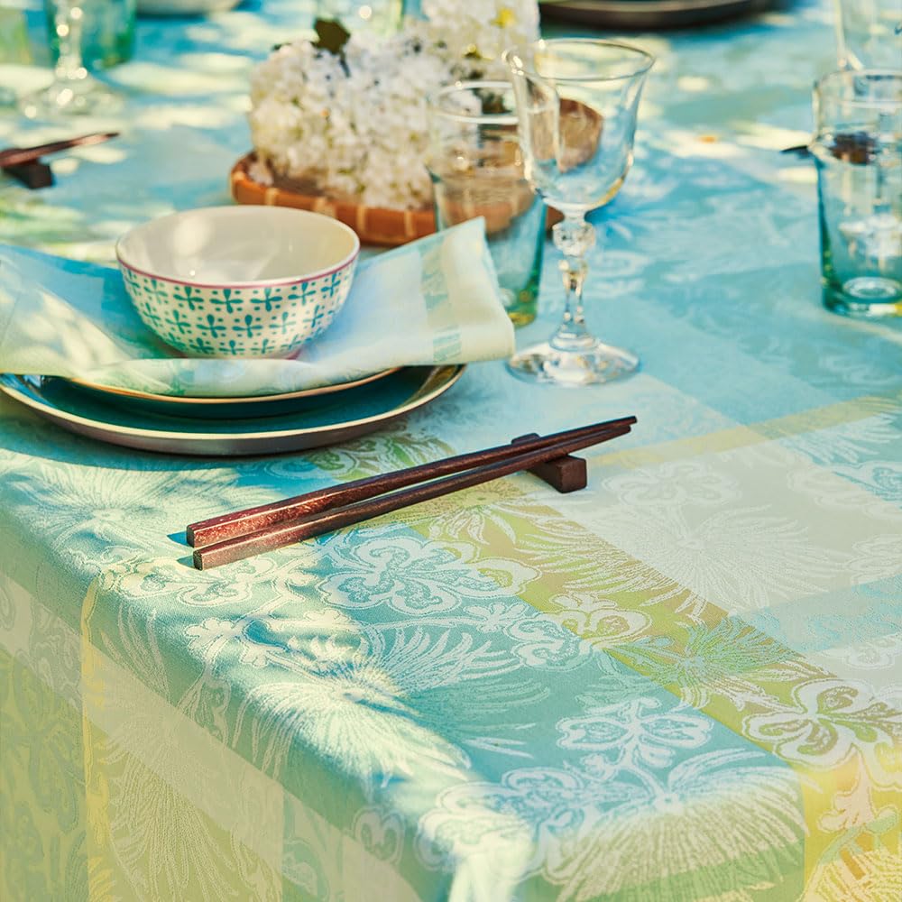 Garnier-Thiébaut Mille Venusta Jacquard Stain-Resistant Tablecloth | Aqua