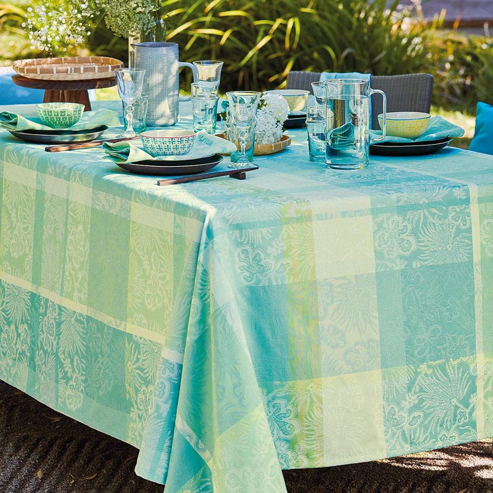 Garnier-Thiébaut Mille Venusta Jacquard Stain-Resistant Tablecloth | Aqua