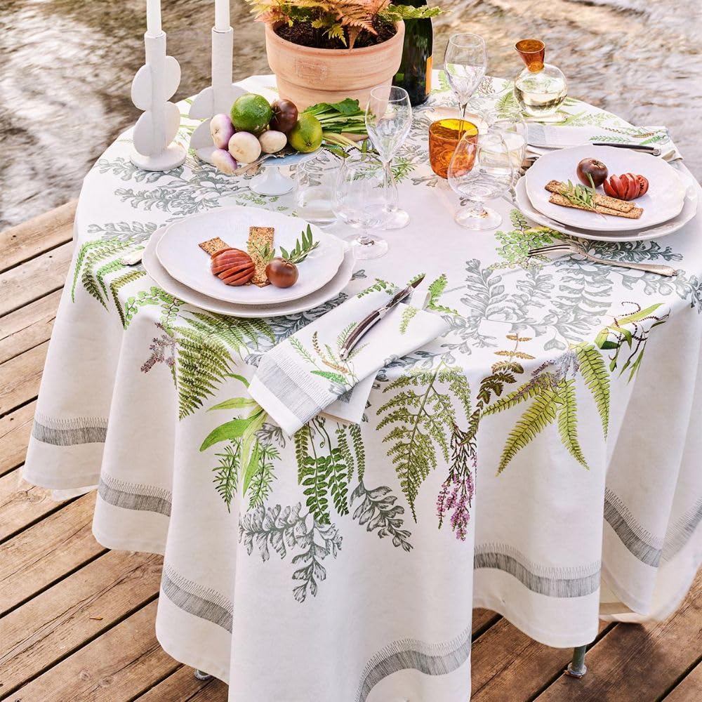 Garnier-Thiébaut Bouquet de Fougères Bouleau tablecloth cream green fern 69x100 on dining table