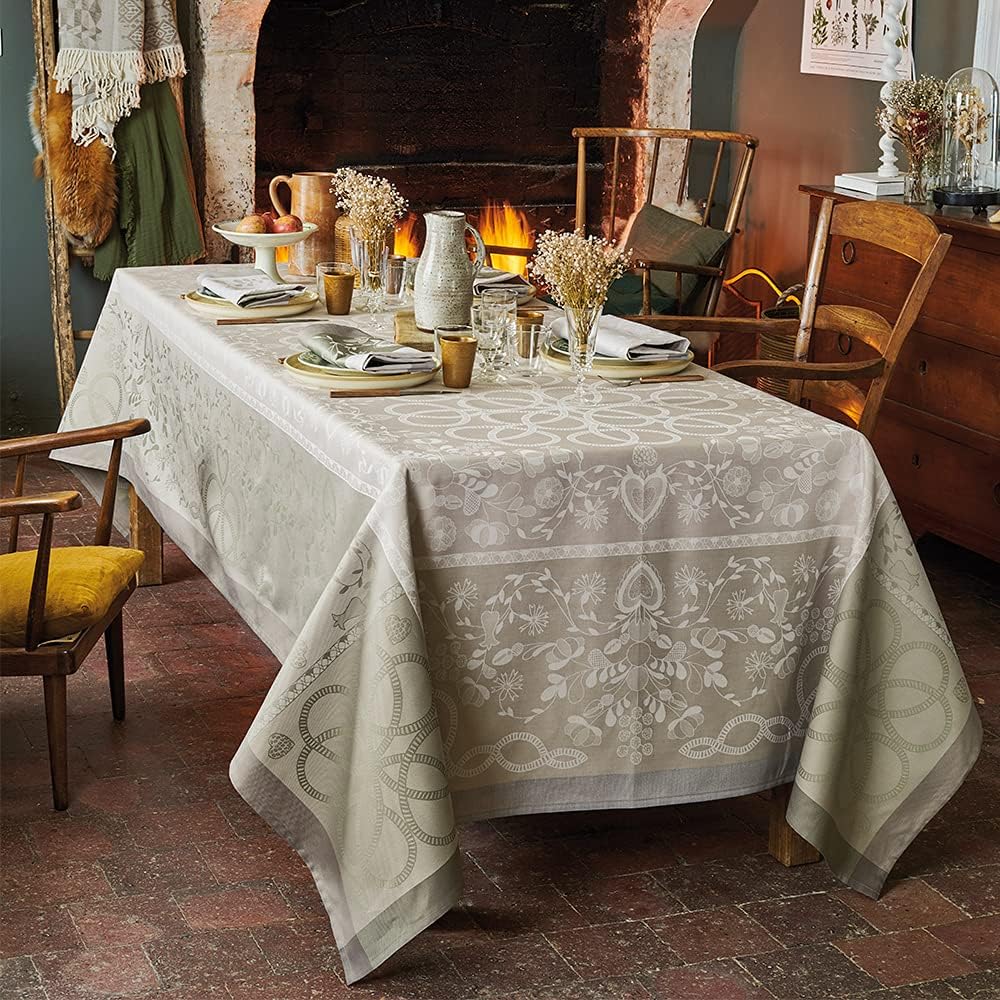 Garnier-Thiébaut American Folk Bouleau jacquard tablecloth cream 69x100 on formal dining table