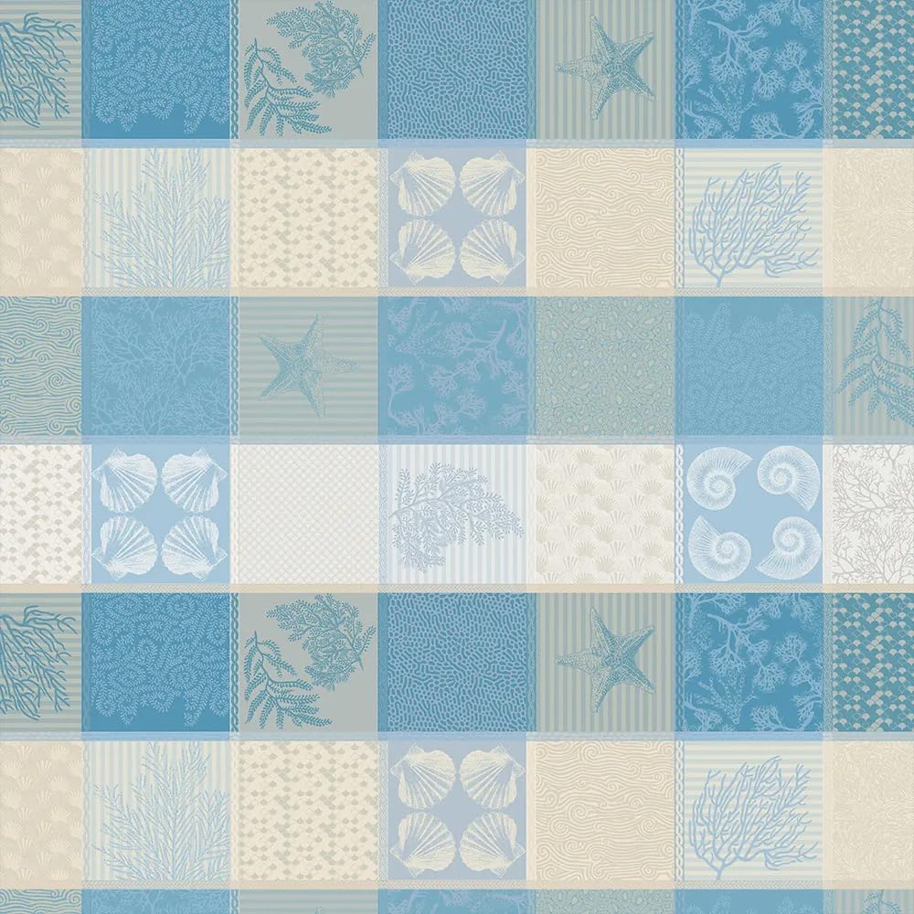 Garnier-Thiébaut Mille Oceans Ecume jacquard tablecloth close-up seashell wave pattern blue detail