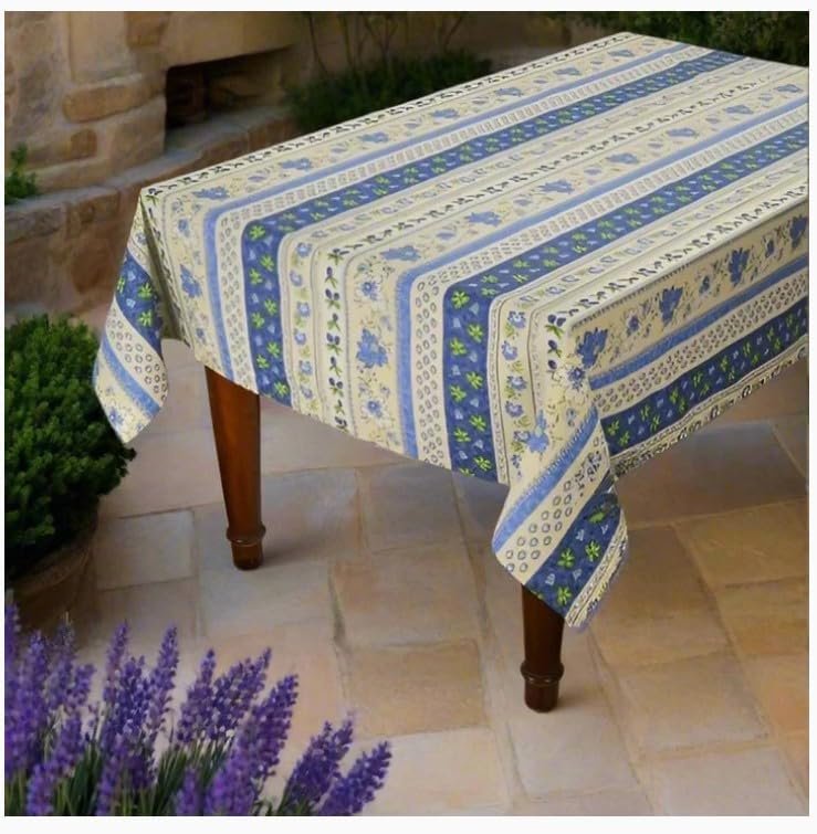 Le Cluny French Provence Tablecloth, 60" x 84" Rectangular, Coated Cotton Easy Care, Monaco Cream