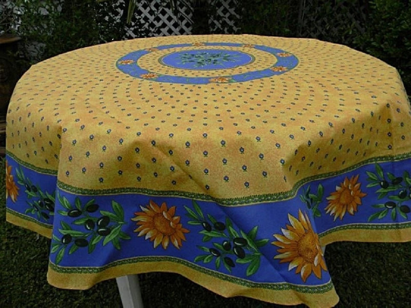 Sunflower Blue & Yellow/Orange Provencal Tablecloth | 70" Round | Easy Care Coated Cotton