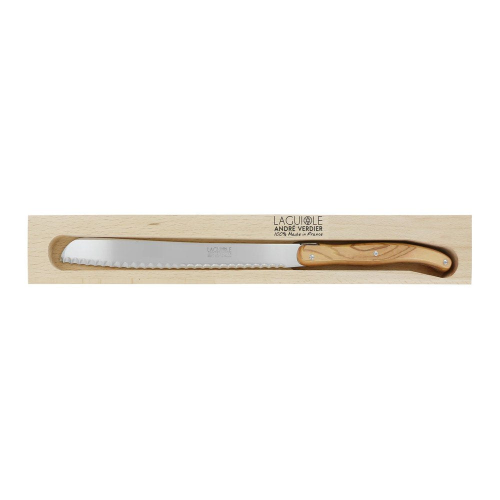 André Verdier Laguiole Debutant Country bread knife olivewood handle 11.4" in wooden box